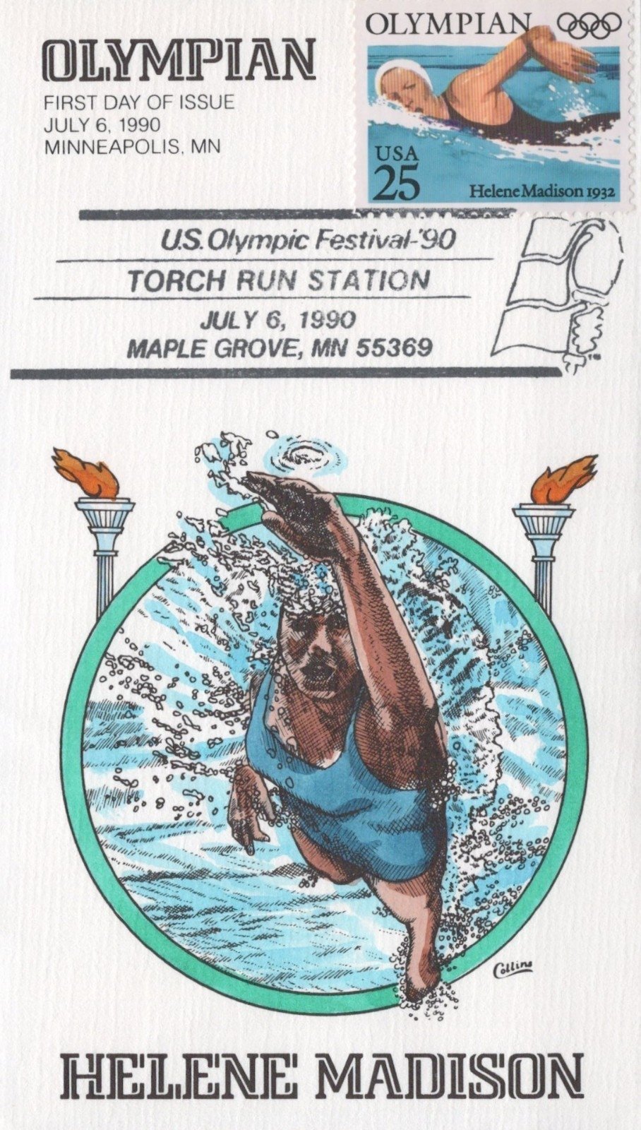 US Olympics Collins Hand-Painted FDC Tennis Swimming Hockey ZAYIX