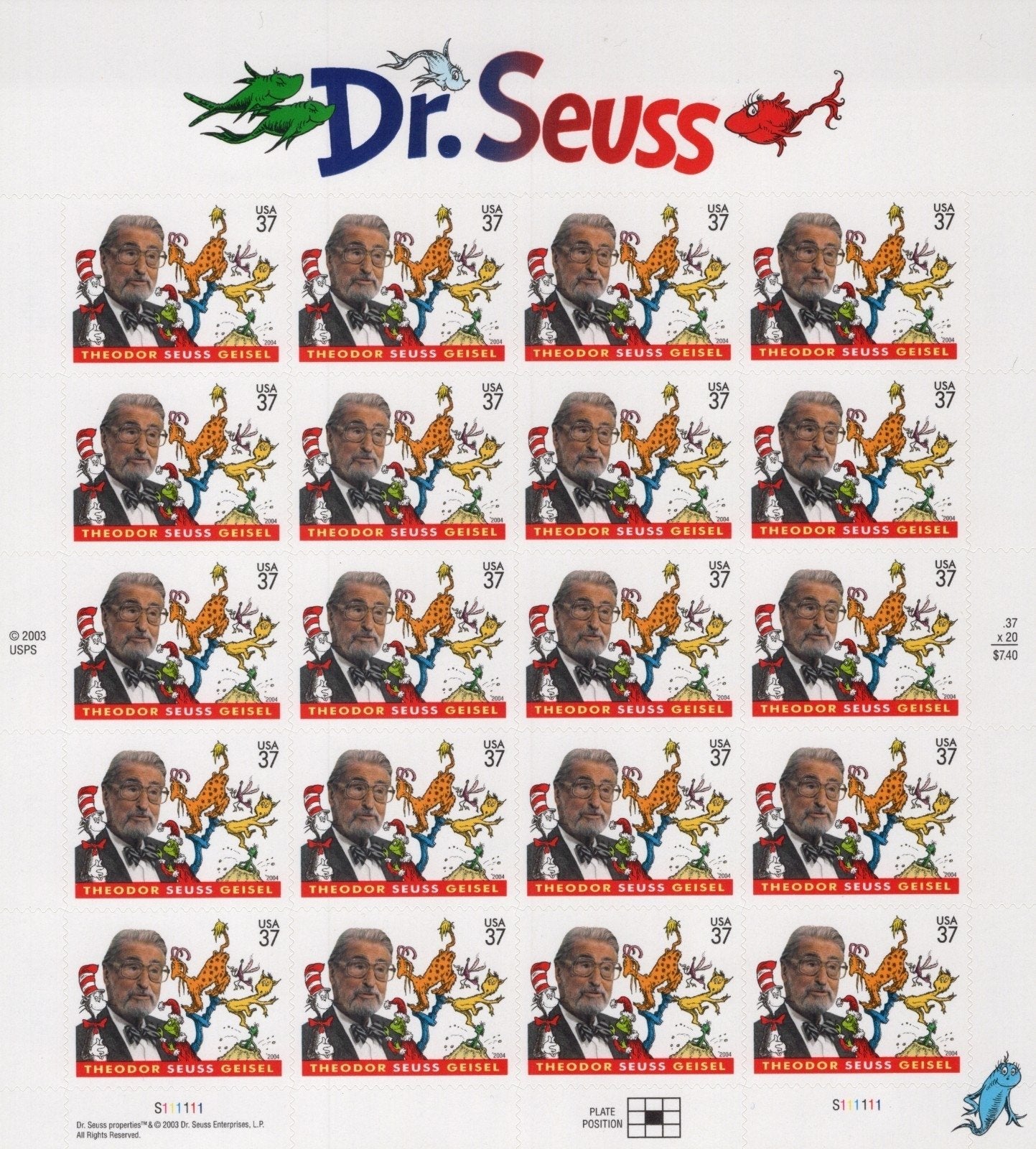 US 3835 Mint Sheet (MNH) Dr. Theodor Seuss Geisel Book Writer 37-Cent 2004 ZAYIX