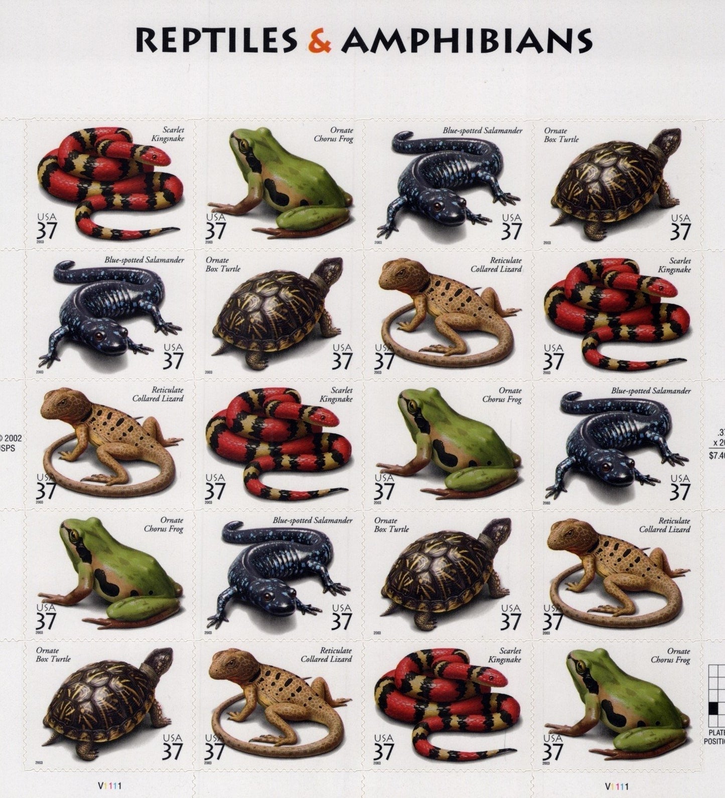 US 3814-3818 Mint Sheet (MNH) Reptiles & Amphibians 37-Cent 2003 ZAYIX
