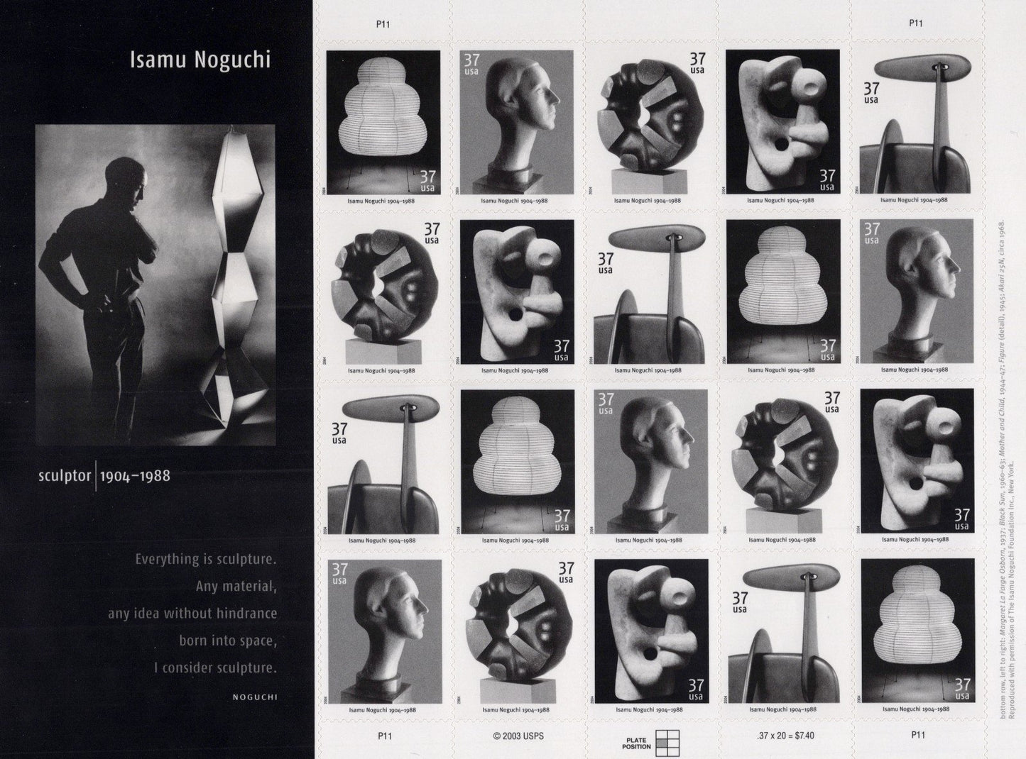 US 3857-3861 Mint Sheet (MNH) Isamu Noguchi Sculptor 37-Cent 2004 ZAYIX