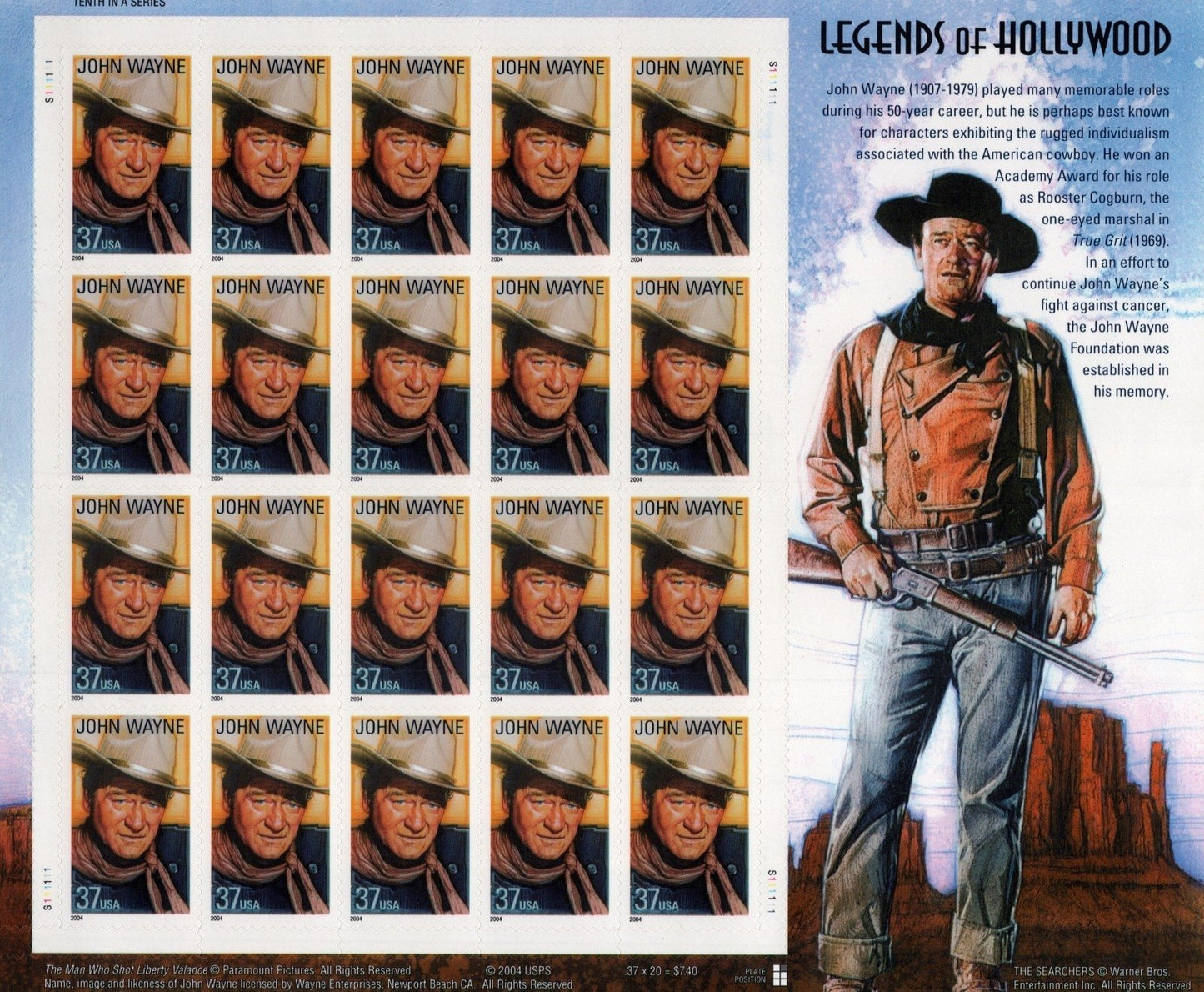 US 3876 Mint Sheet (MNH) John Wayne Actor 37-Cent 2004 ZAYIX
