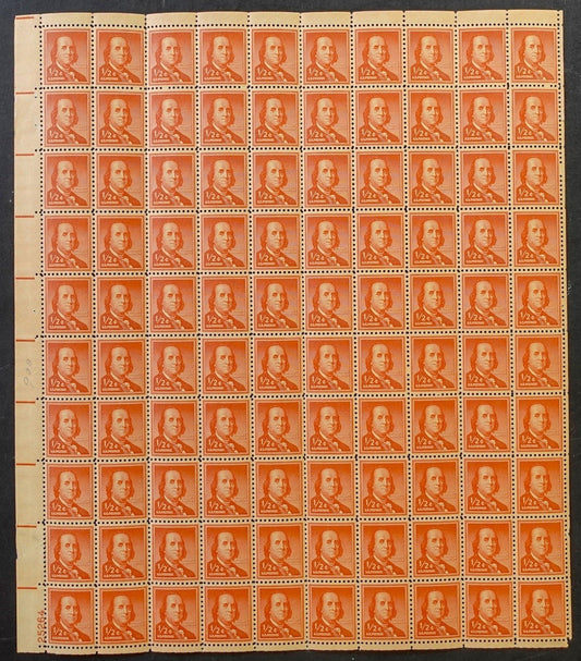 US 1030 Mint Sheet (MNH) Benjamin Franklin Liberty Series 1/2-Cent 1955 ZAYIX