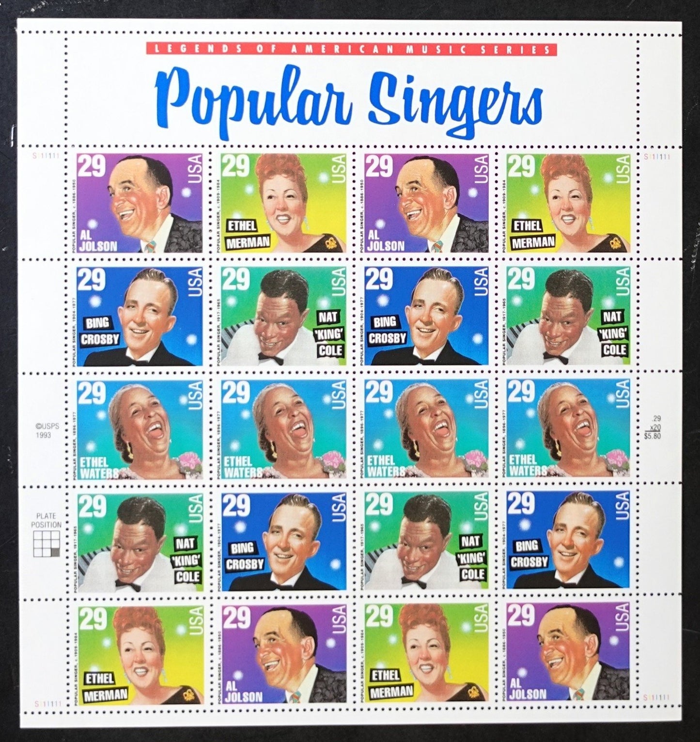 US 2849-2853 Mint Sheet (MNH) Popular Singers 29-Cent 1994 ZAYIX