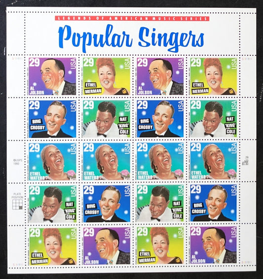 US 2849-2853 Mint Sheet (MNH) Popular Singers 29-Cent 1994 ZAYIX