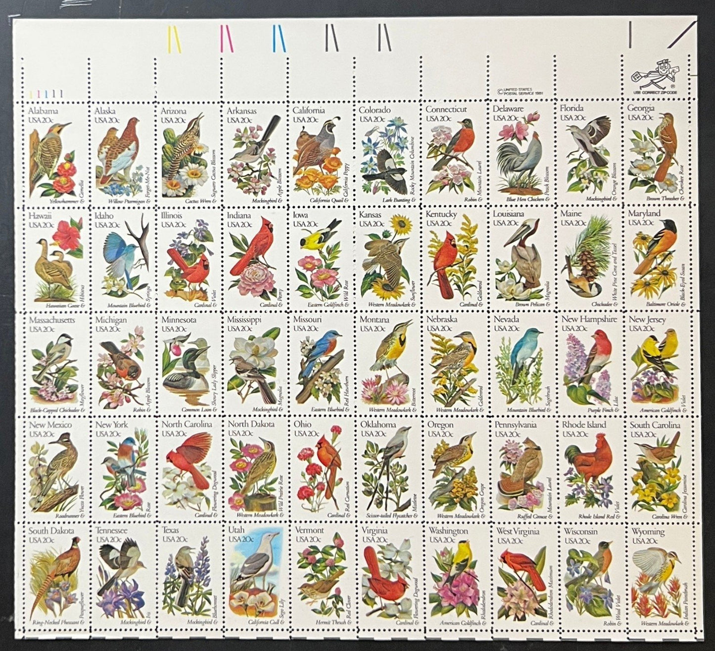 US 1953-2002 Mint Sheet (MNH) State Birds & Flowers Issue 20-Cent 1982 ZAYIX