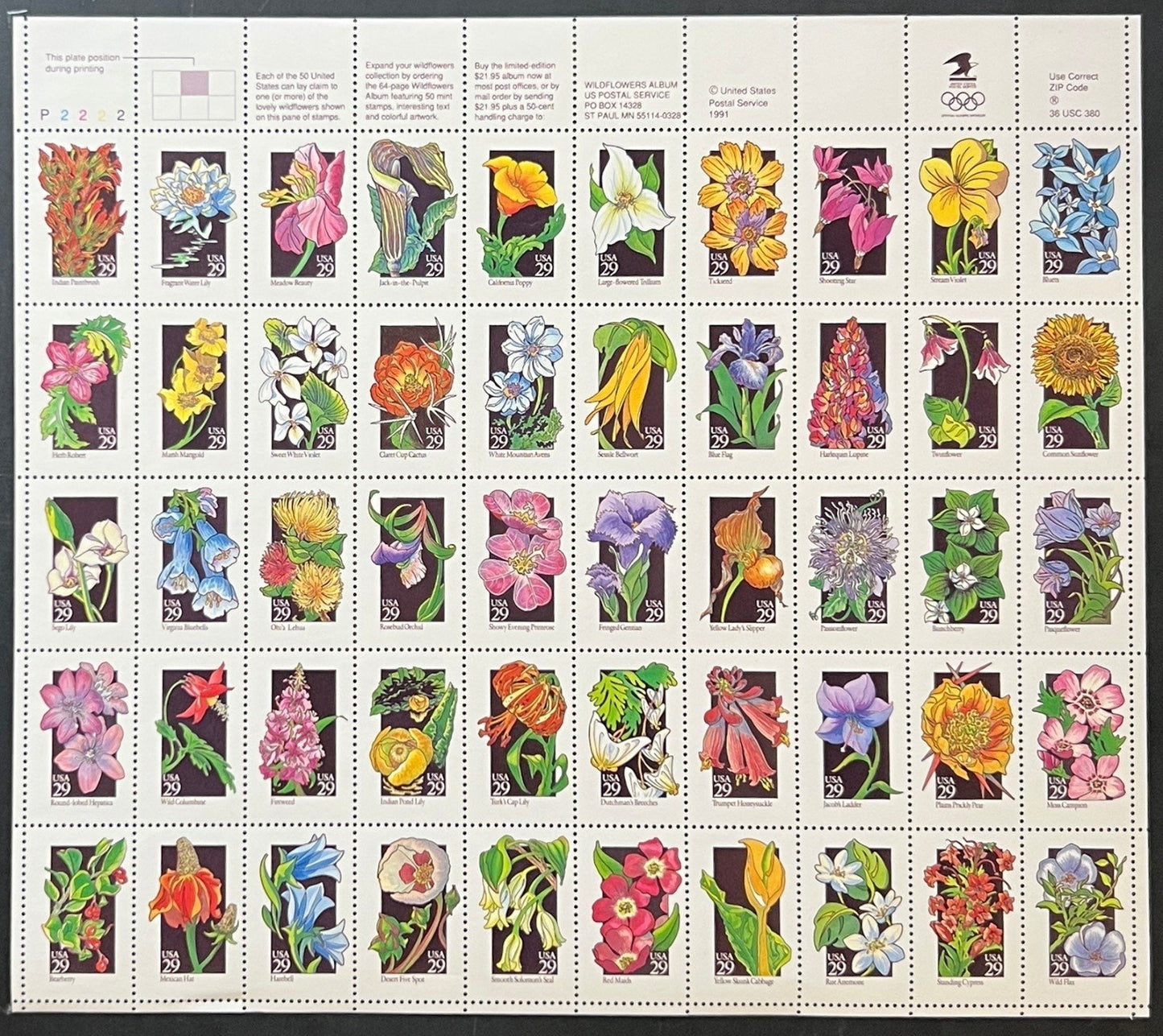 US 2647-2696 Mint Sheet (MNH) Wildflowers Of America 29-Cent 1992 ZAYIX