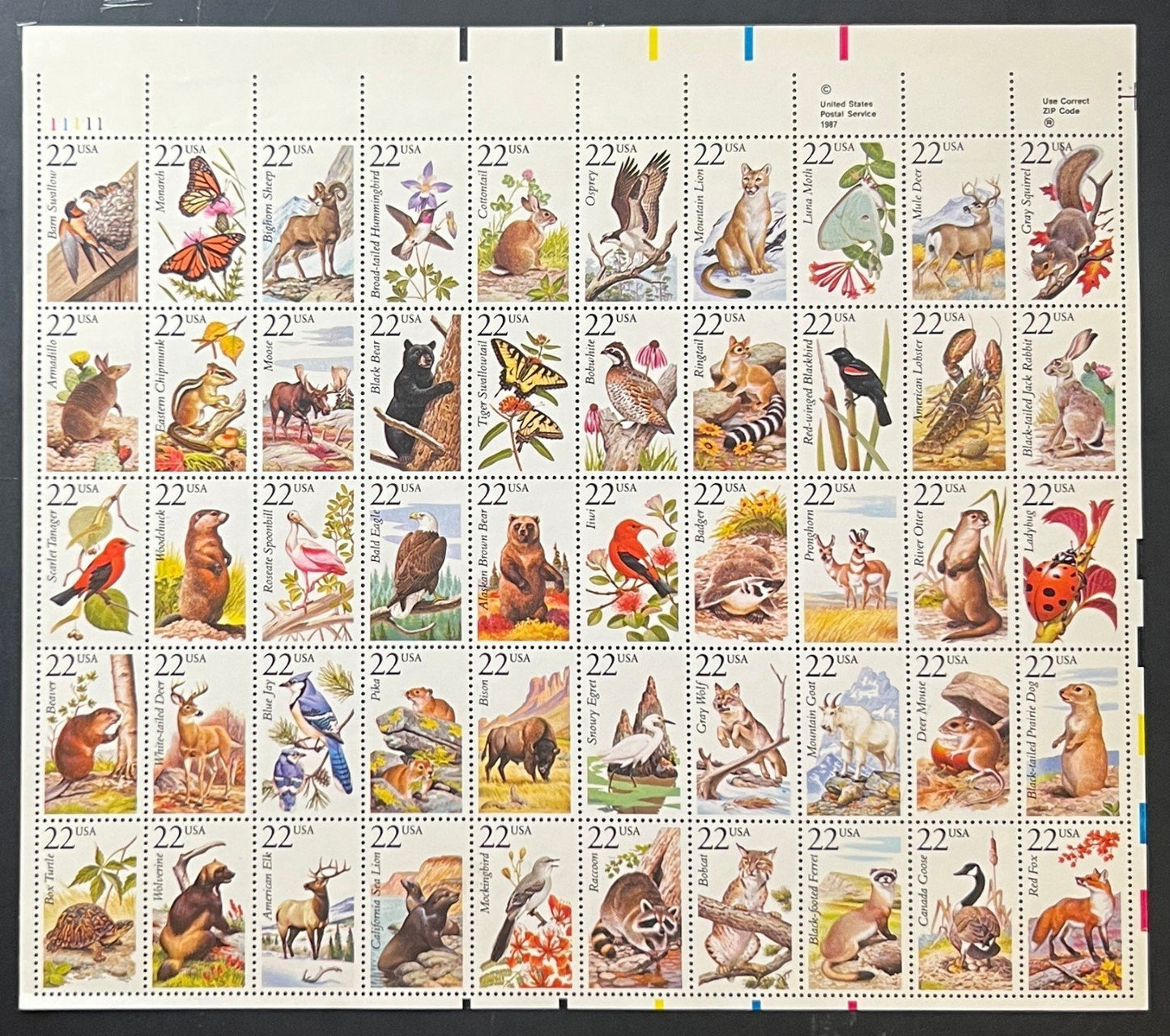 US 2286-2335 Mint Sheet (MNH) North American Wildlife Series 22-Cent 1987 ZAYIX