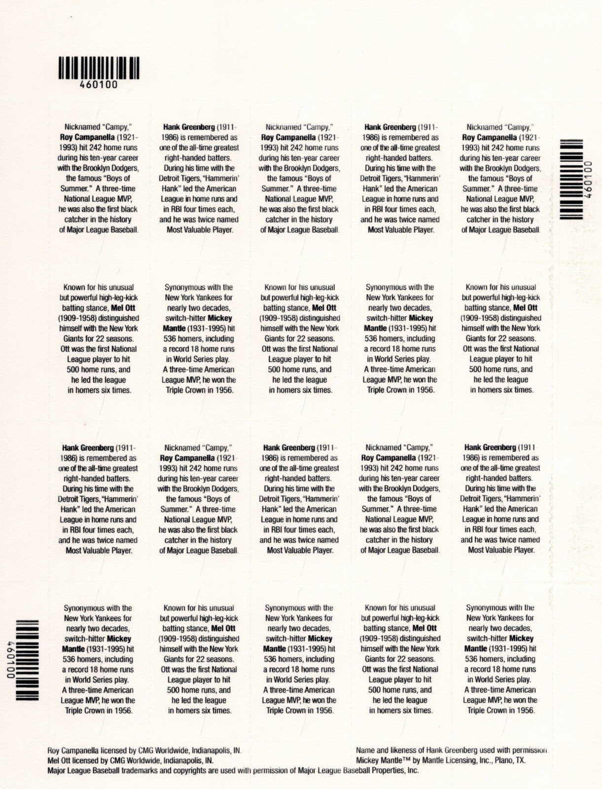 US 4080-4083 Mint Sheet (MNH) Baseball Sluggers 39-Cent 2006 ZAYIX