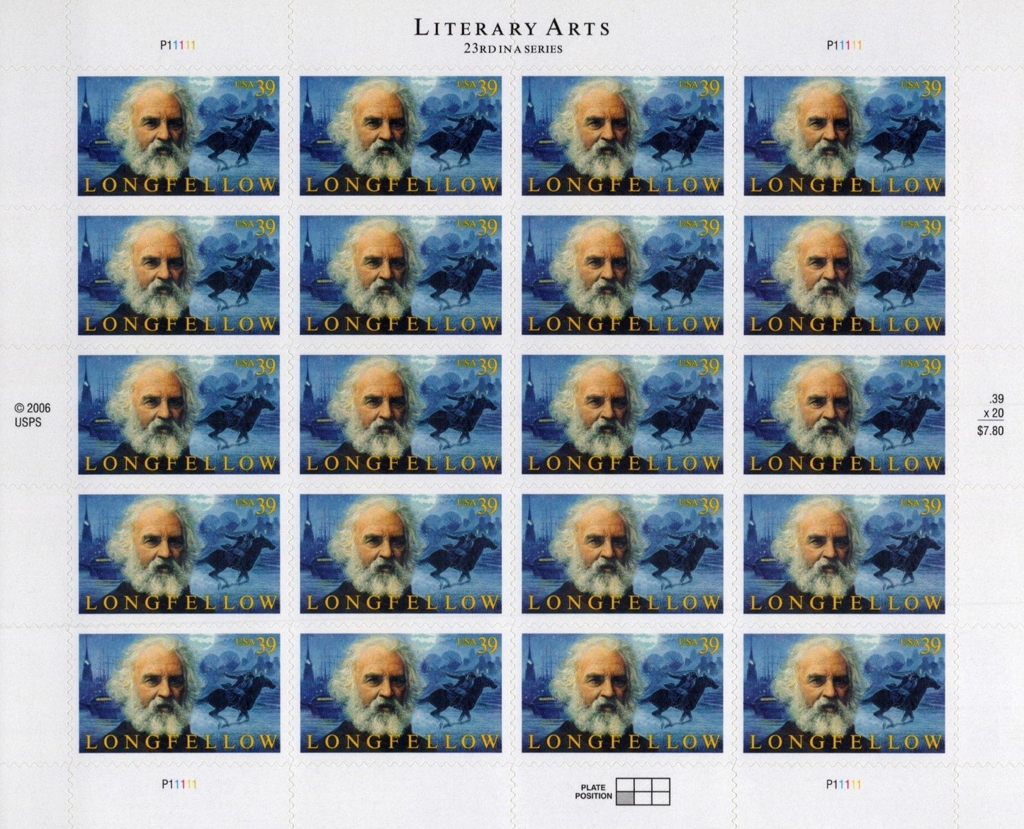 US 4124 Mint Sheet (MNH) Henry Wadsworth Longfellow Poet 39-Cent 2007 ZAYIX