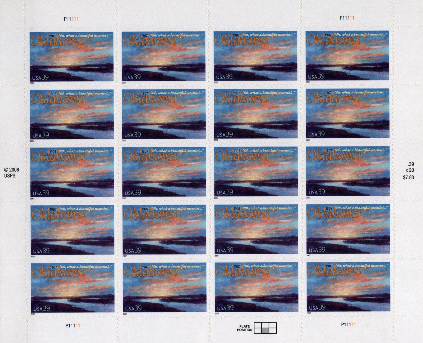 US 4121 Mint Sheet (MNH) Oklahoma Statehood 100th Anniversary 39-Cent 2007 ZAYIX