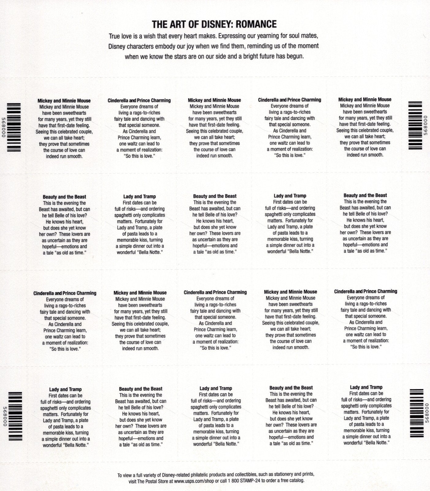 US 4025-4028 Mint Sheet (MNH) The Art Of Disney Romance 39-Cent 2006 ZAYIX