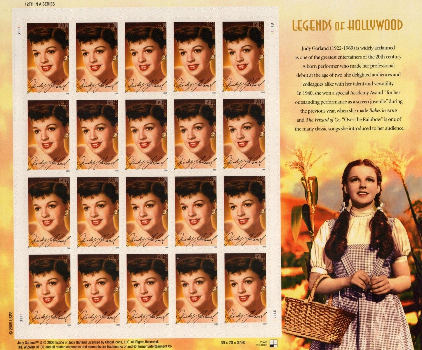 US 4077 Mint Sheet (MNH) Judy Garland Legends Of Hollywood 39-Cent 2006 ZAYIX