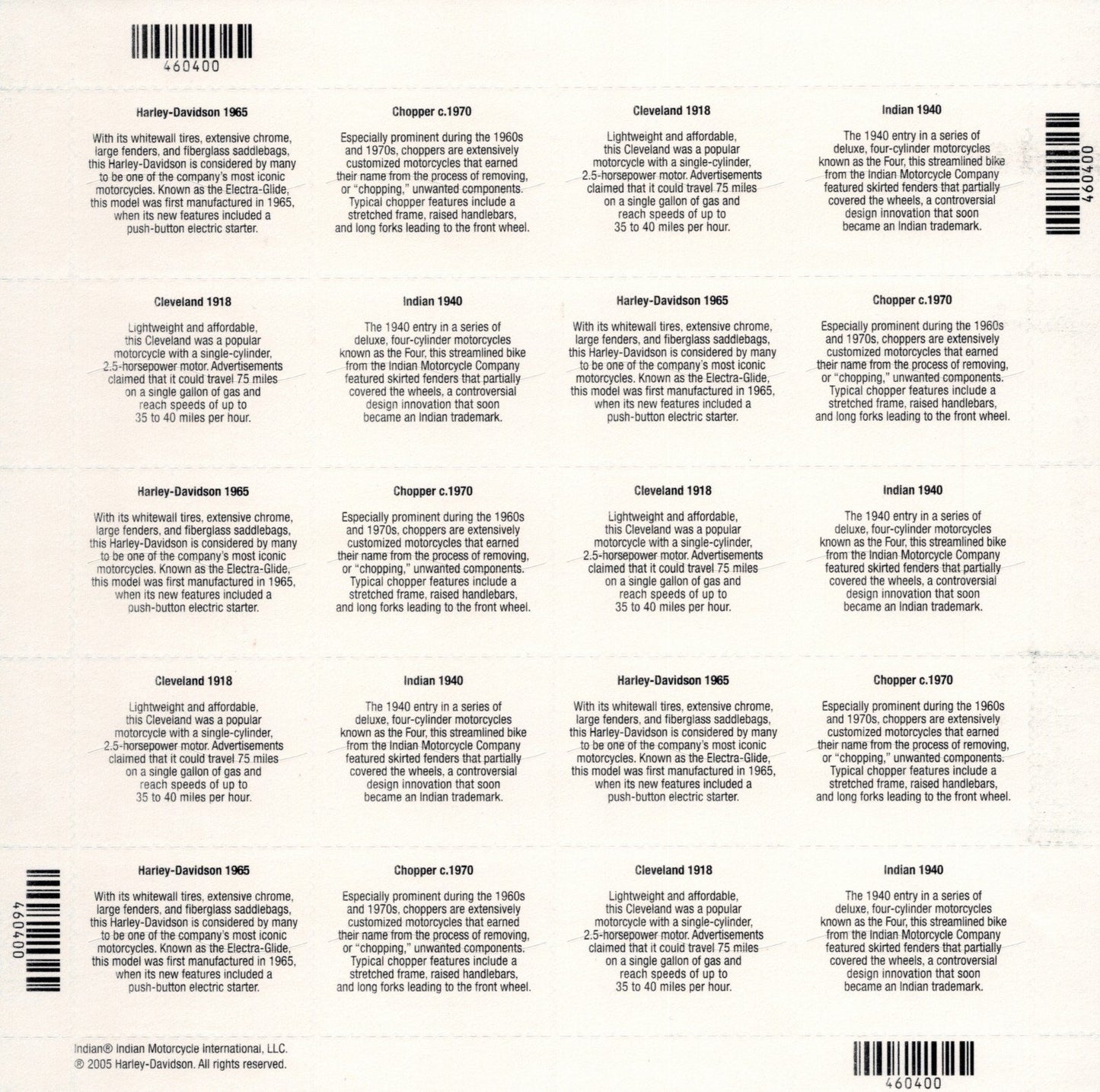 US 4085-4088 Mint Sheet (MNH) American Motorcycles 39-Cent 2006 ZAYIX