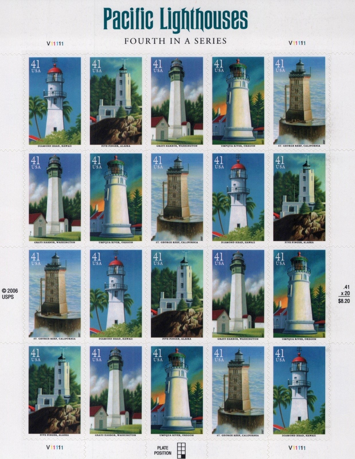 US 4146-4150 Mint Sheet (MNH) Pacific Lighthouses 41-Cent 2007 ZAYIX