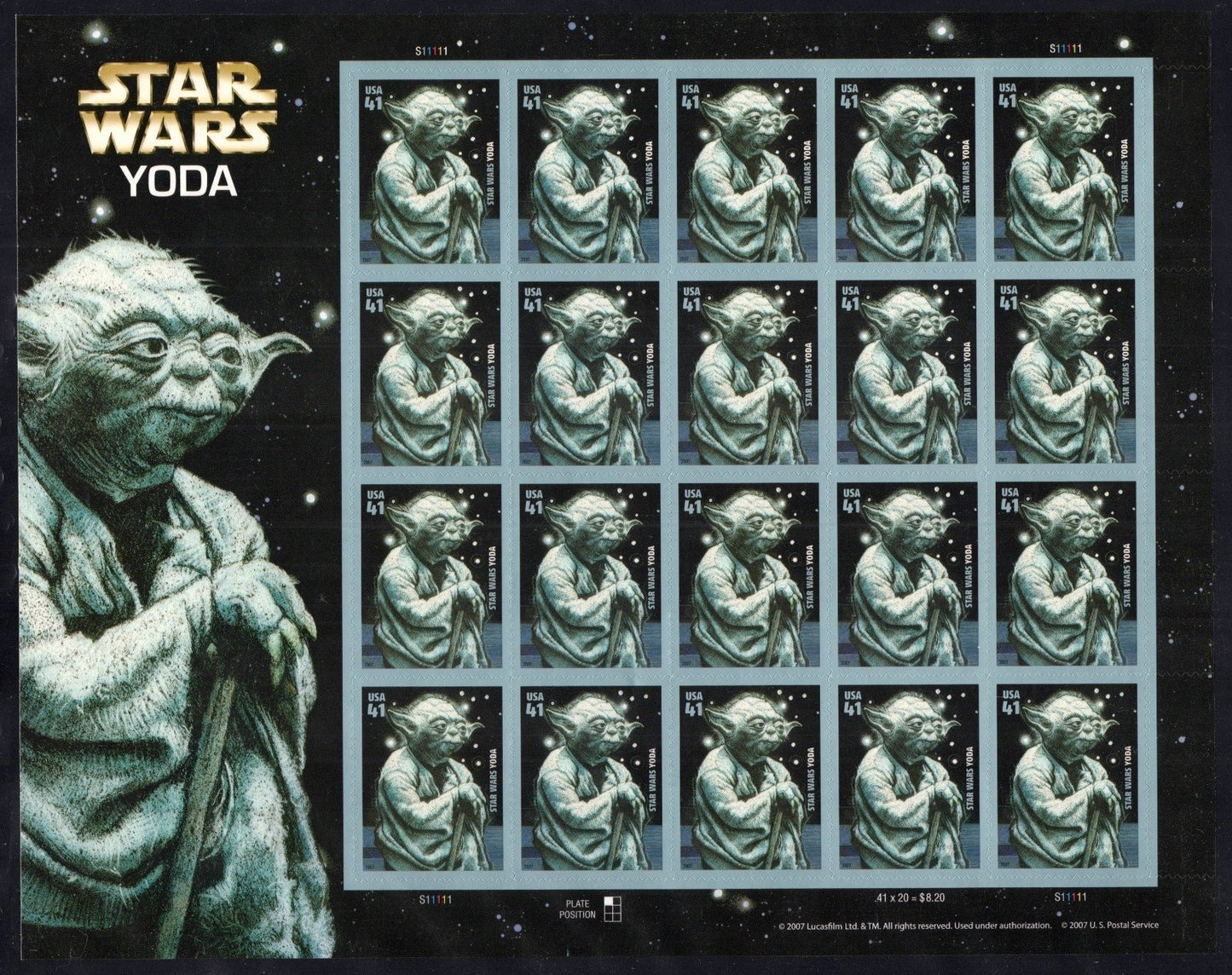 US 4205 Mint Sheet (MNH) Star Wars Yoda 41-Cent 2007 ZAYIX