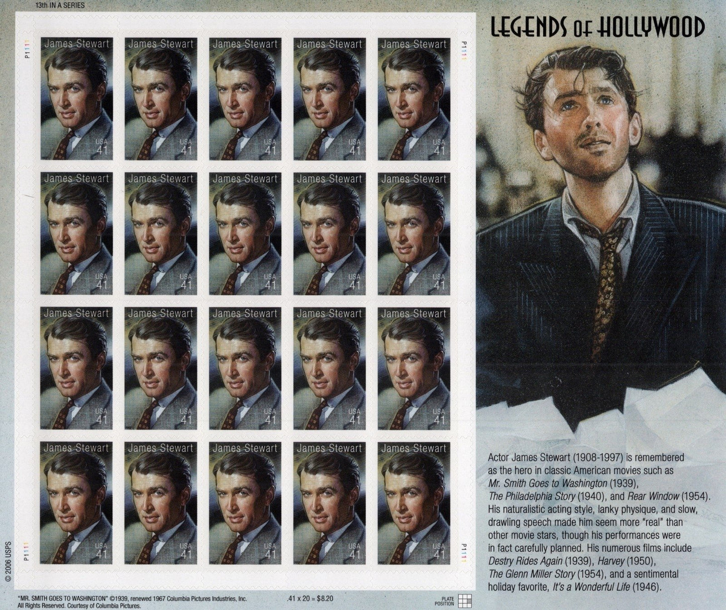 US 4197 Mint Sheet (MNH) James Stewart Legends Of Hollywood 41-Cent 2007 ZAYIX