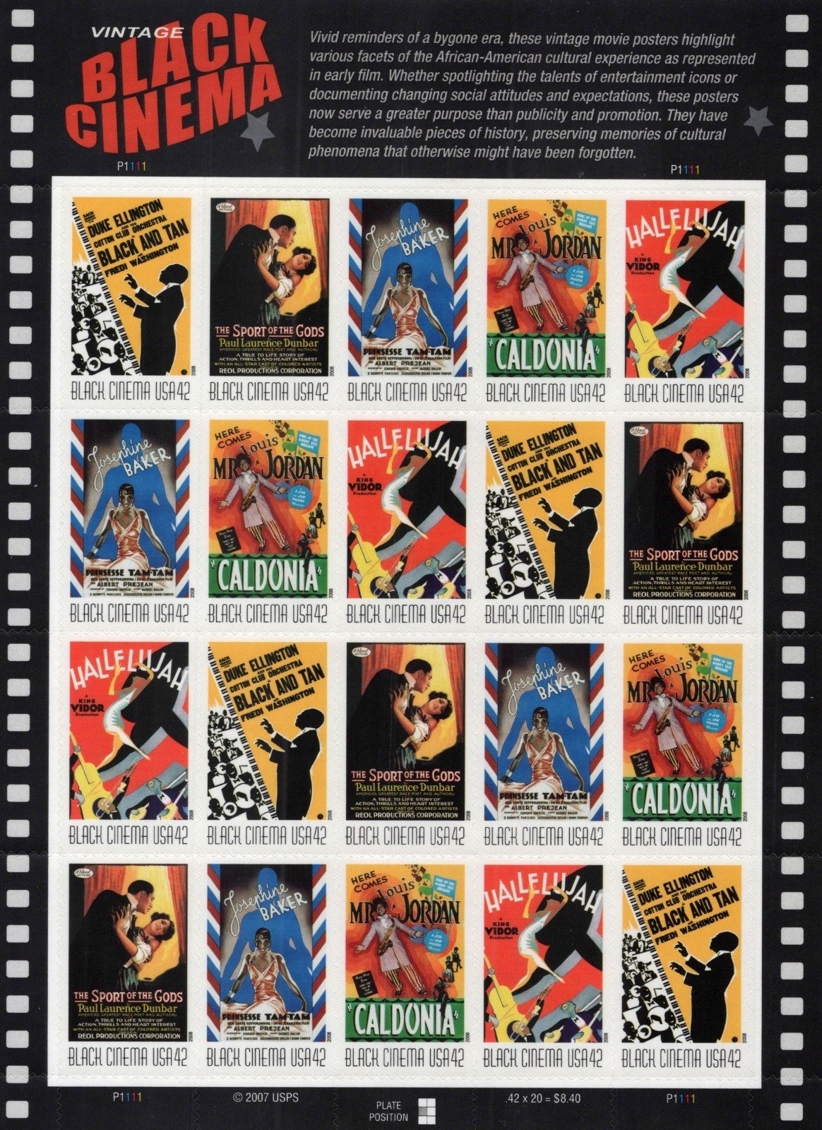 US 4336-4340 Mint Sheet (MNH) Vintage Black Cinema 42-Cent 2008 ZAYIX