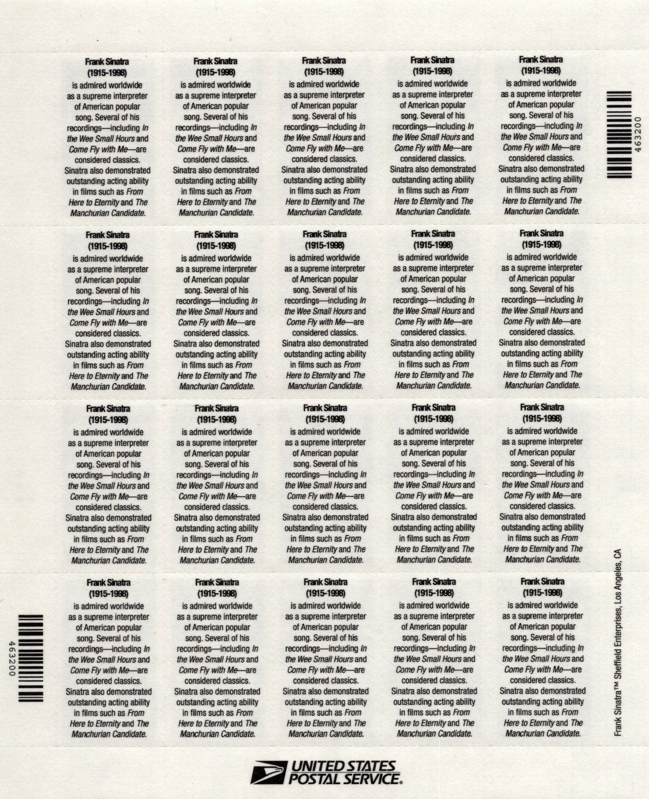 US 4265 Mint Sheet (MNH) Frank Sinatra Singer & Actor 42-Cent 2008 ZAYIX