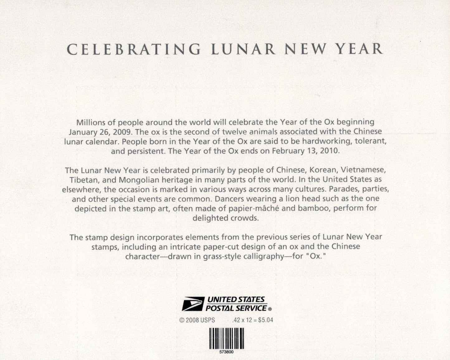 US 4375 Mint Sheet (MNH) Year Of The Ox Lunar New Year 42-Cent 2009 ZAYIX