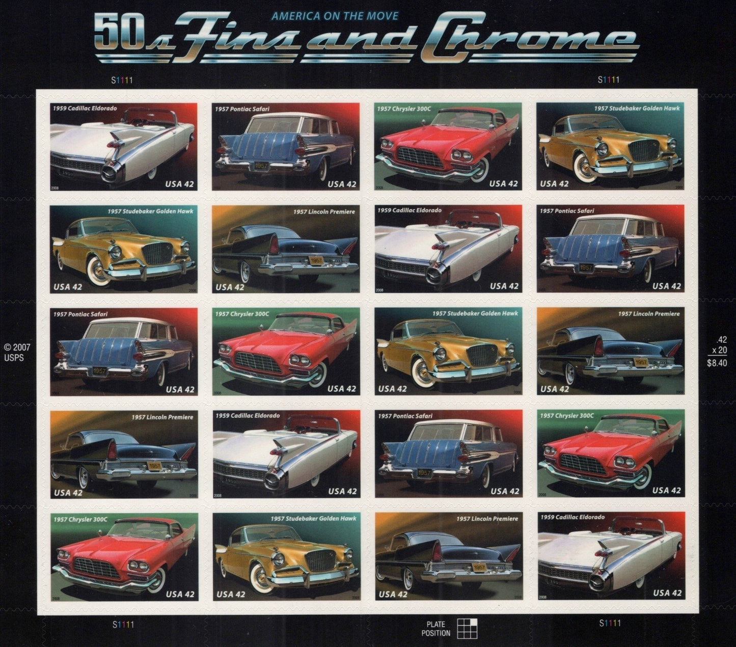 US 4353-4357 Mint Sheet (MNH) Tail Fins And Chrome 42-Cent 2008 ZAYIX