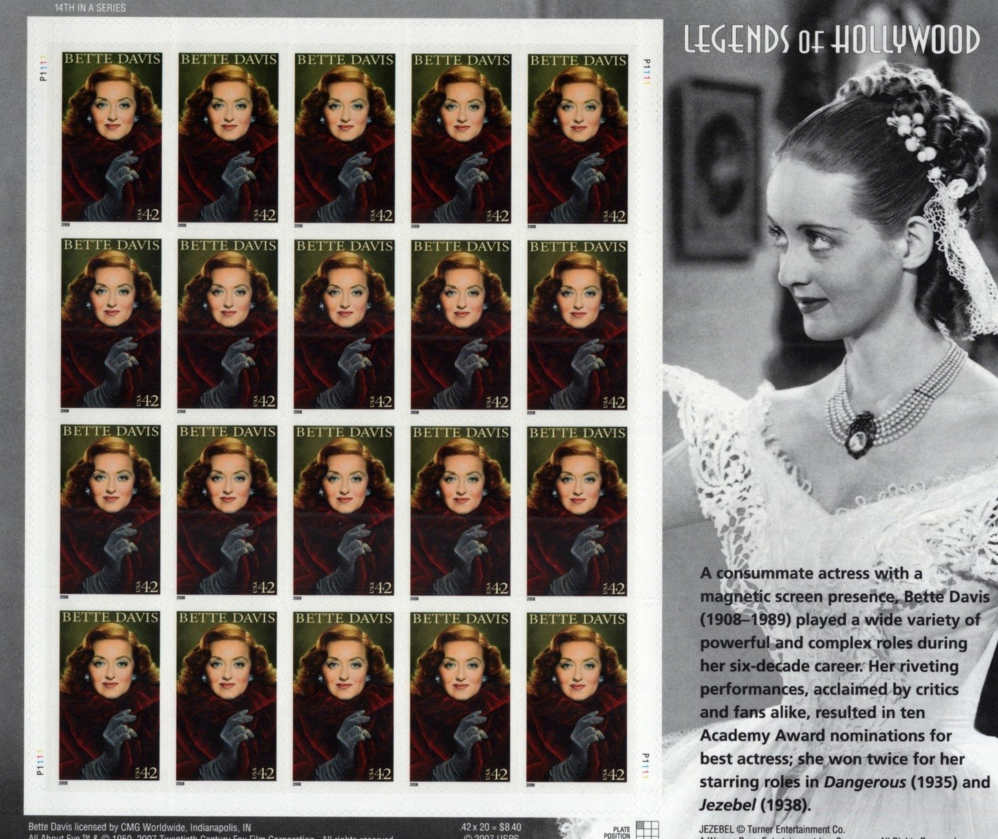 US 4350 Mint Sheet (MNH) Bette Davis Legends Of Hollywood 42-Cent 2008 ZAYIX