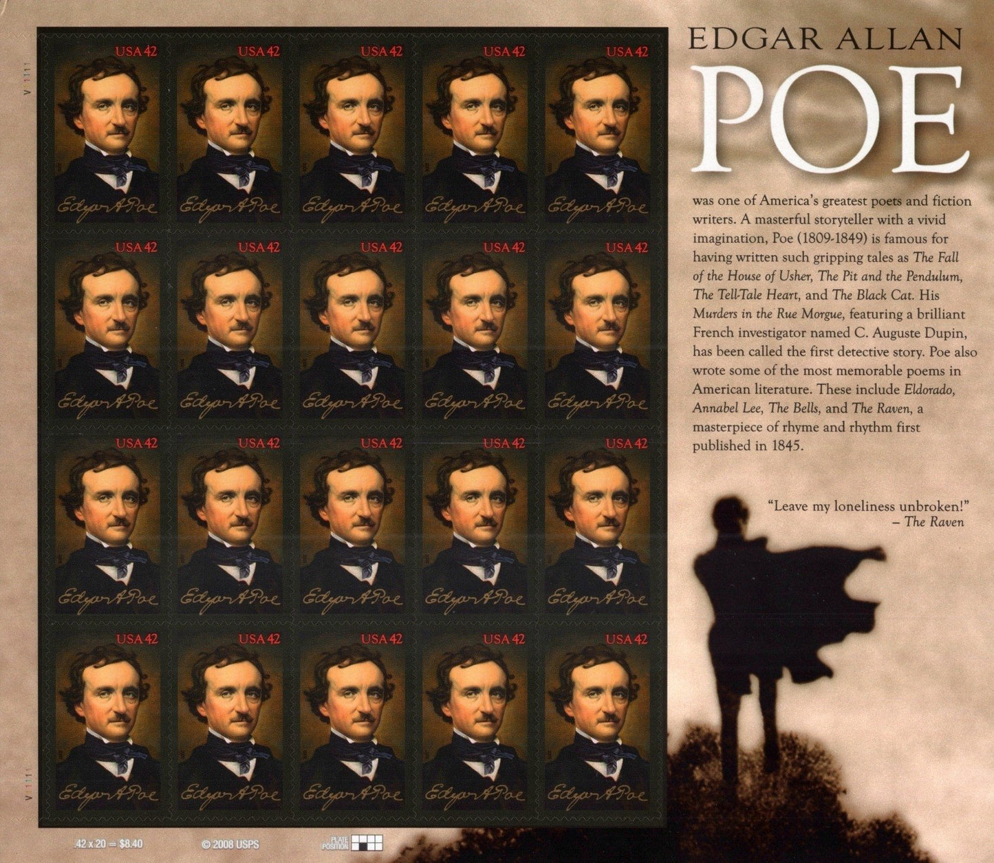 US 4377 Mint Sheet (MNH) Edgar Allan Poe Writer 42-Cent 2009 ZAYIX