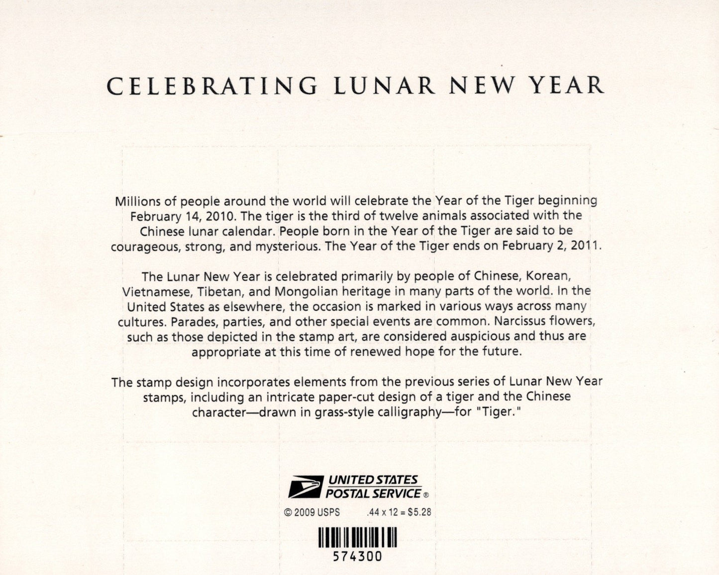 US 4435 Mint Sheet (MNH) Year Of The Tiger Lunar New Year 44-Cent 2009 ZAYIX
