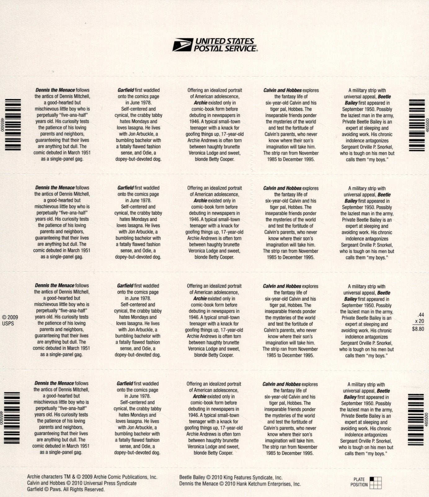 US 4467-4471 Mint Sheet (MNH) Sunday Funnies 44-Cent 2010 ZAYIX