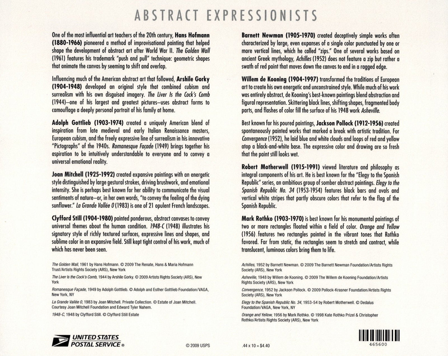 US 4444 Mint Sheet (MNH) Abstract Expressionist Paintings 44-Cent 2010 ZAYIX
