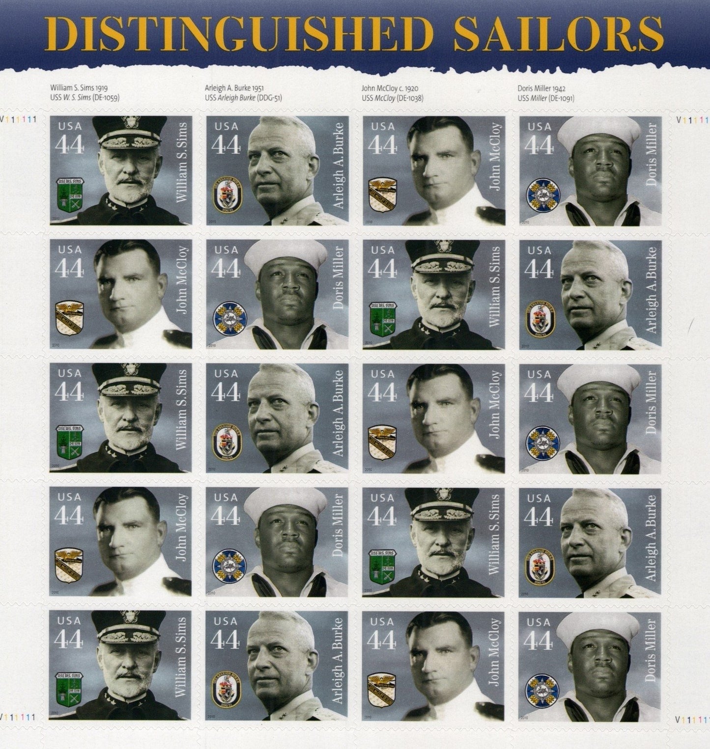 US 4440-4443 Mint Sheet (MNH) Distinguished Sailors 44-Cent 2010 ZAYIX