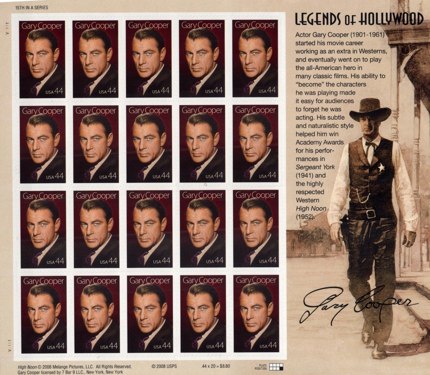US 4421 Mint Sheet (MNH) Gary Cooper Legends Of Hollywood 44-Cent 2009 ZAYIX