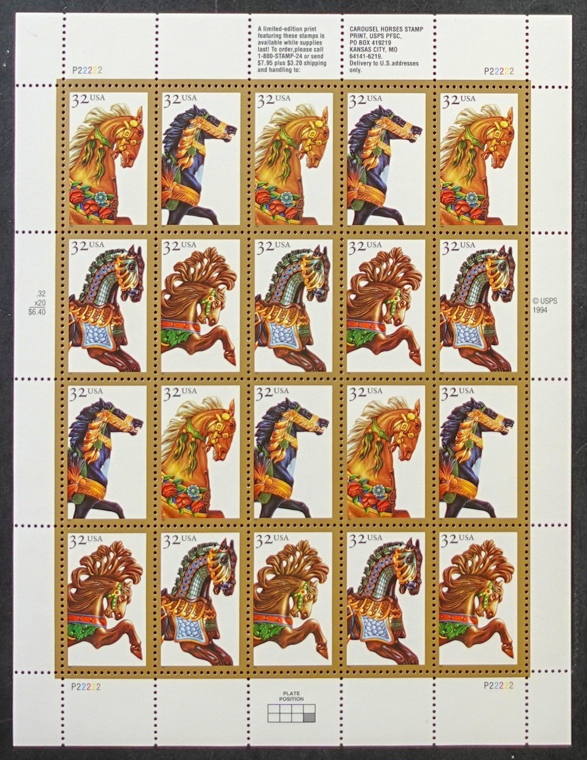 US 2976-2979 Mint Sheet (MNH) Carousel Horses 32-Cent 1995 ZAYIX