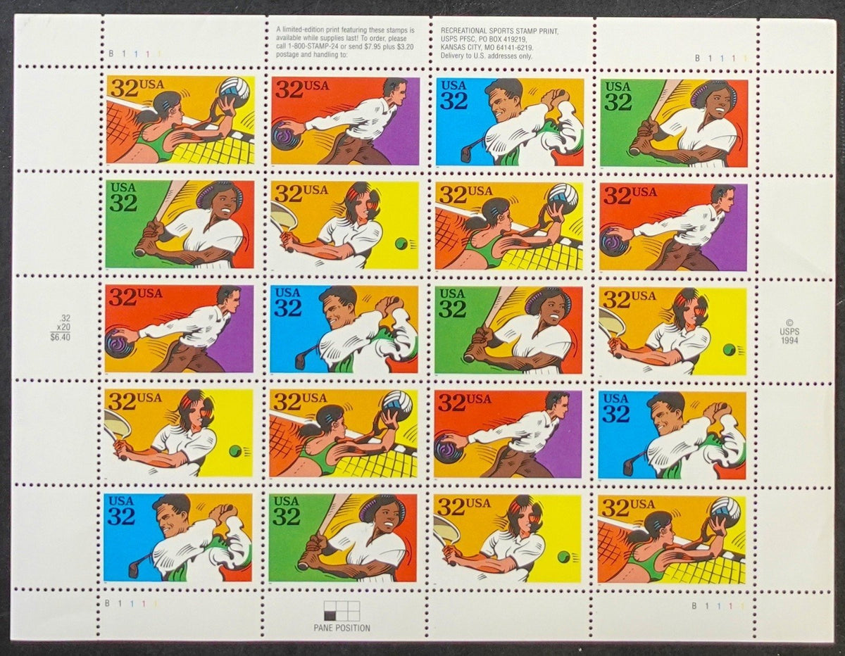 US 2961-2965 Mint Sheet (MNH) Recreational Sports 32-Cent 1995 ZAYIX
