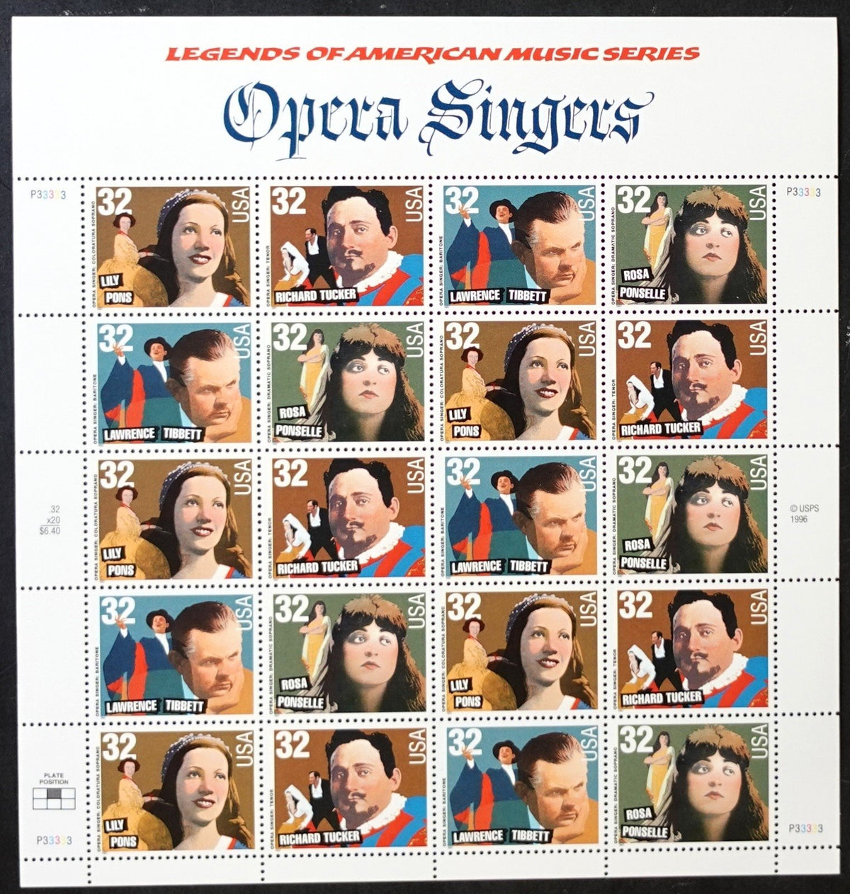 US 3154-3157 Mint Sheet (MNH) Opera Singers 32-Cent 1997 ZAYIX