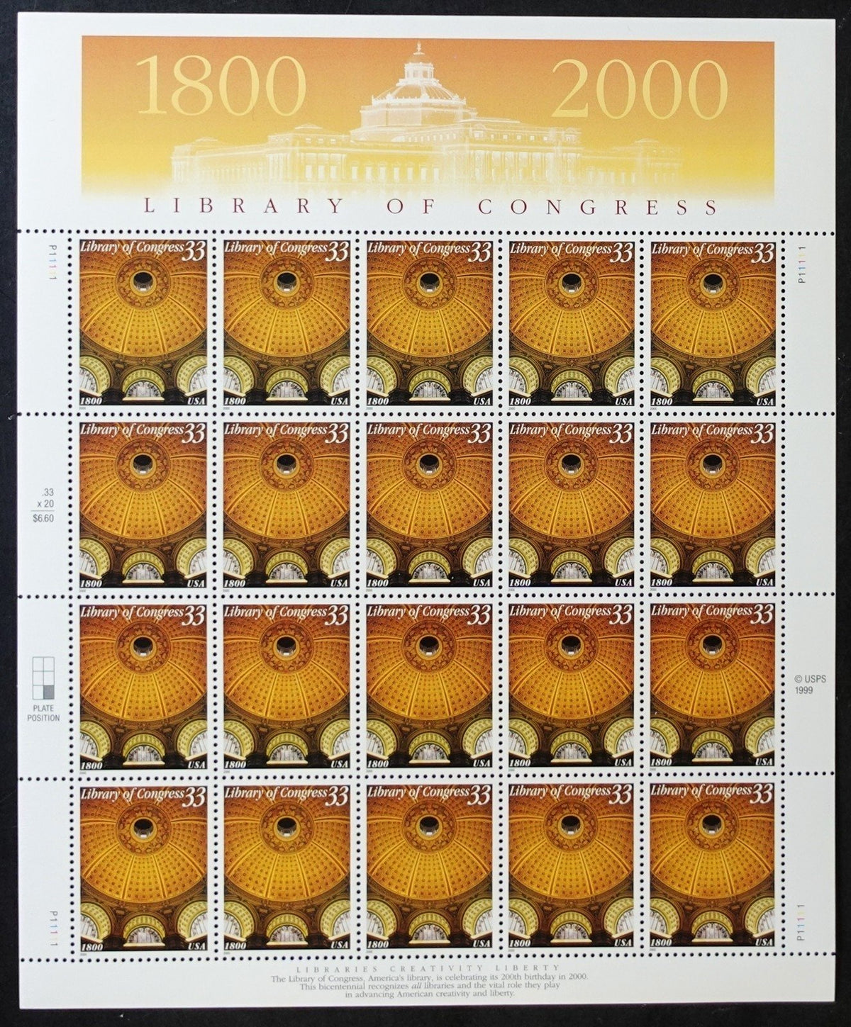 US 3390 Mint Sheet (MNH) Library Of Congress 33-Cent 2000 ZAYIX