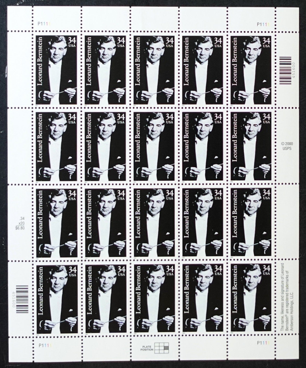 US 3521 Mint Sheet (MNH) Leonard Bernstein Conductor 34-Cent 2001 ZAYIX