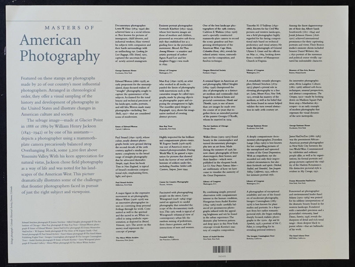 US 3649 Mint Sheet (MNH) Masters Of American Photography 37-Cent 2002 ZAYIX