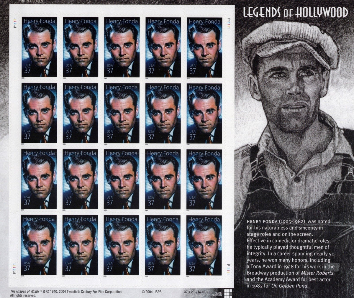 US 3911 Mint Sheet (MNH) Henry Fonda Legends Of Hollywood 37-Cent 2005 ZAYIX
