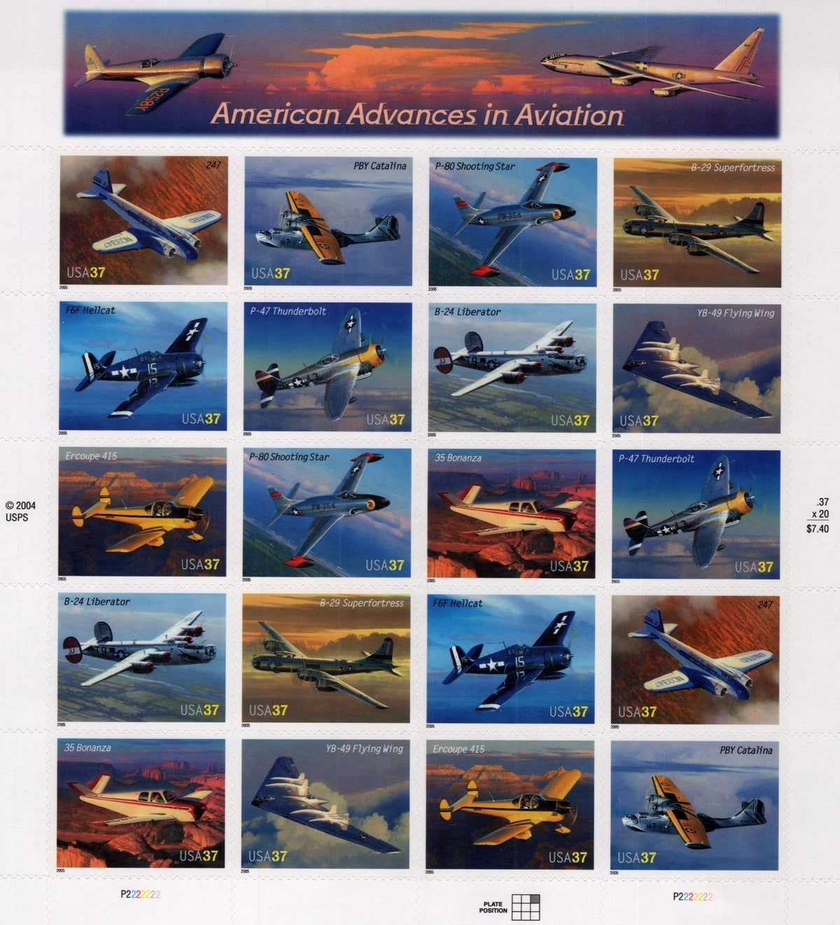 US 3916-3925 Mint Sheet (MNH) American Aircraft 37-Cent 2005 ZAYIX