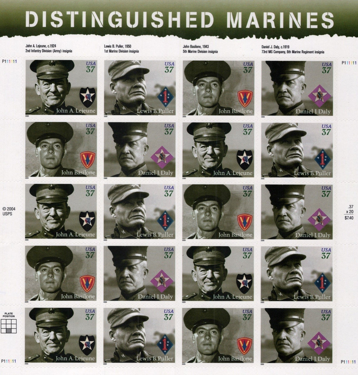 US 3961-3964 Mint Sheet (MNH) Distinguished Marines 37-Cent 2005 ZAYIX