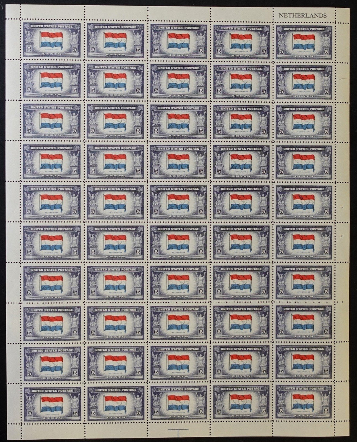 US 913 Mint Sheet (MNH) Overrun Nations Netherlands 5-Cent 1943 ZAYIX
