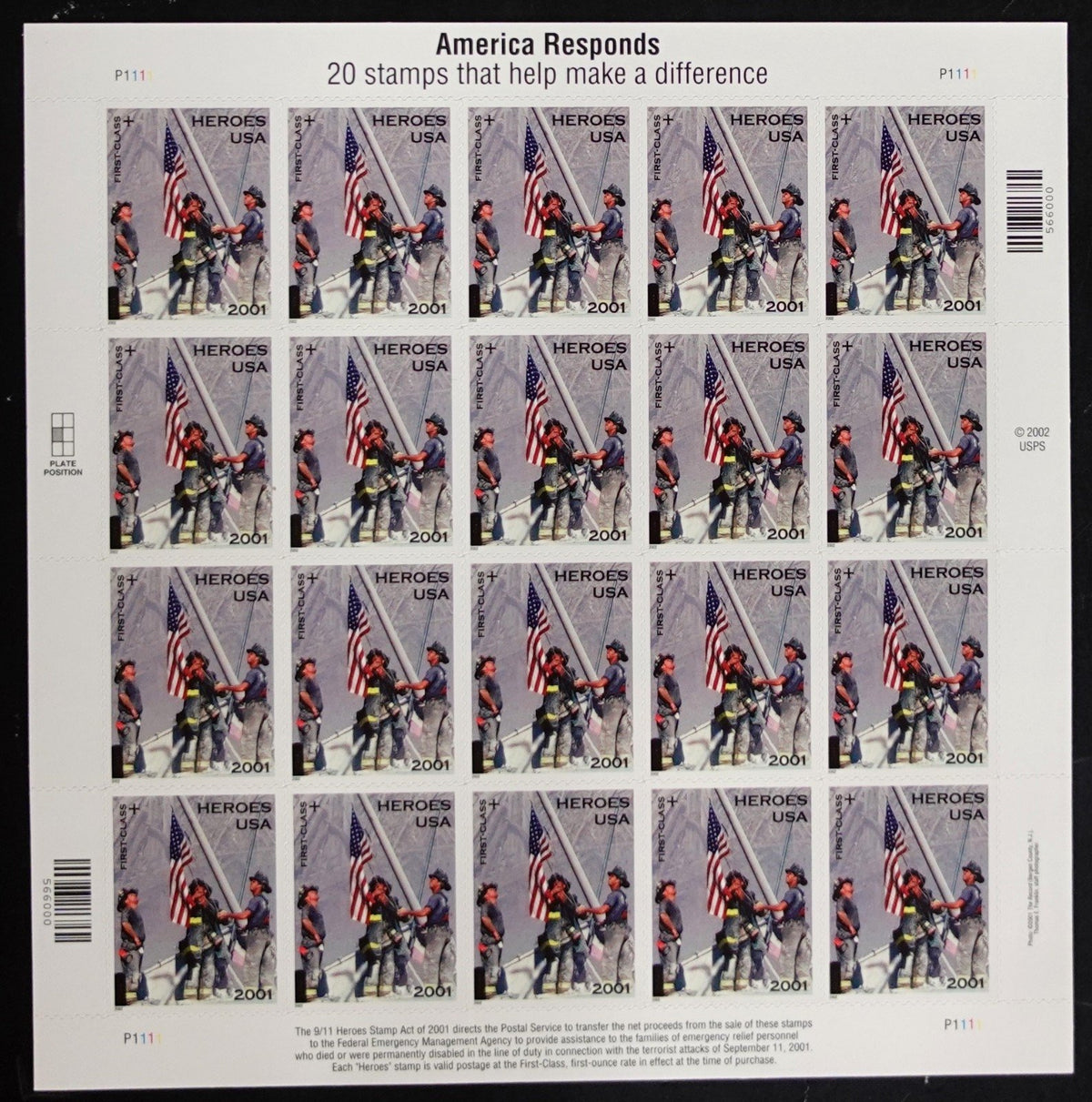 US B2 Mint Sheet (MNH) Heroes Of 2001 New York First-Class Stamp 2002 ZAYIX