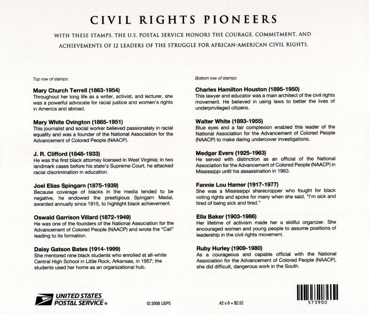 US 4384 Mint Sheet (MNH) Civil Rights Pioneers Souvenir Sheet 42-Cent 2009 ZAYIX