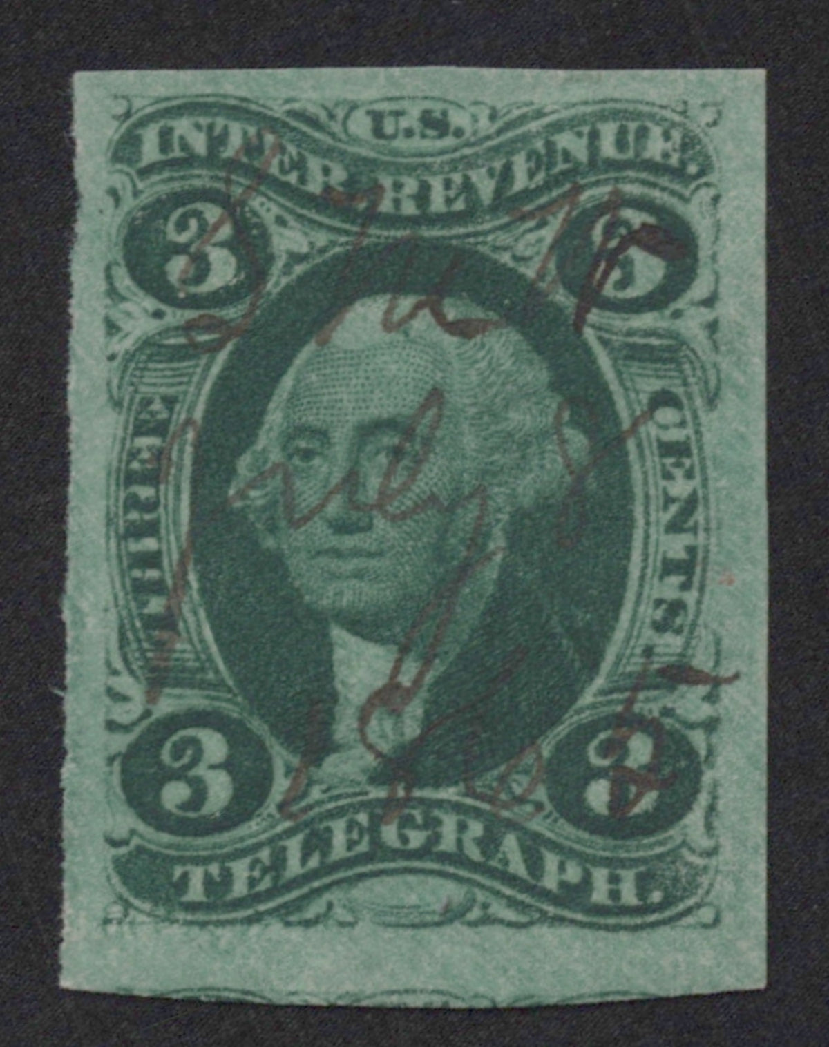 U.S. R19a Telegraph Green Imperforated 3-Cent Used VF 1862-1871 ZAYIX
