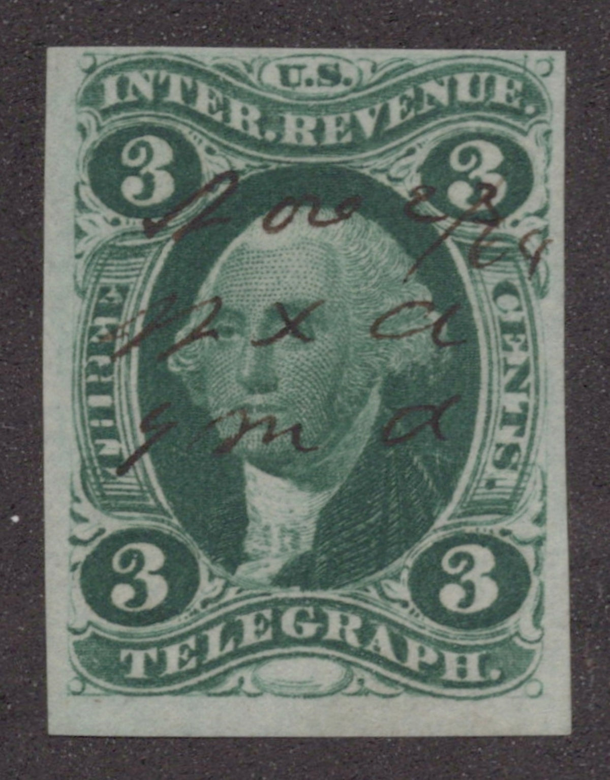 U.S. R19a Telegraph Green Imperforated 3-Cent Used VF 1862-1871 ZAYIX
