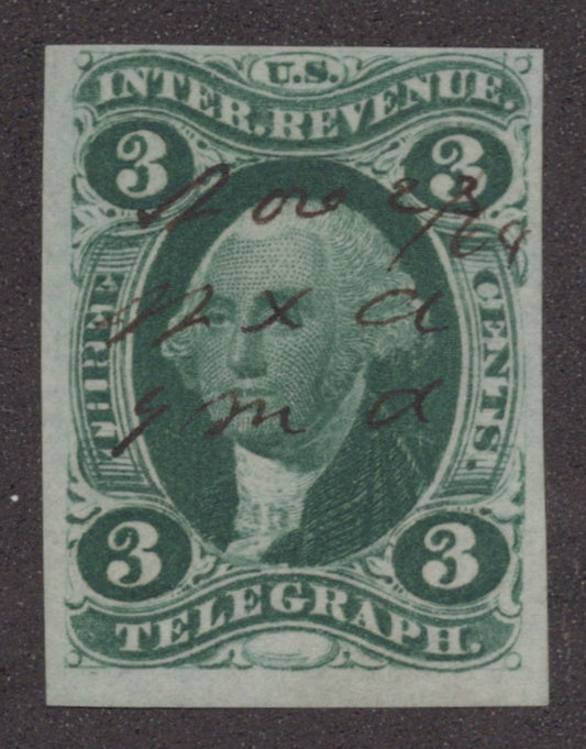 U.S. R19a Telegraph Green Imperforated 3-Cent Used VF 1862-1871 ZAYIX