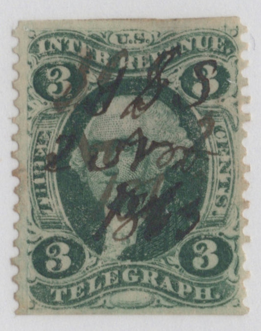 U.S. R19b Telegraph Green Partially Perforated 3-Cent Used 1862-1871 ZAYIX