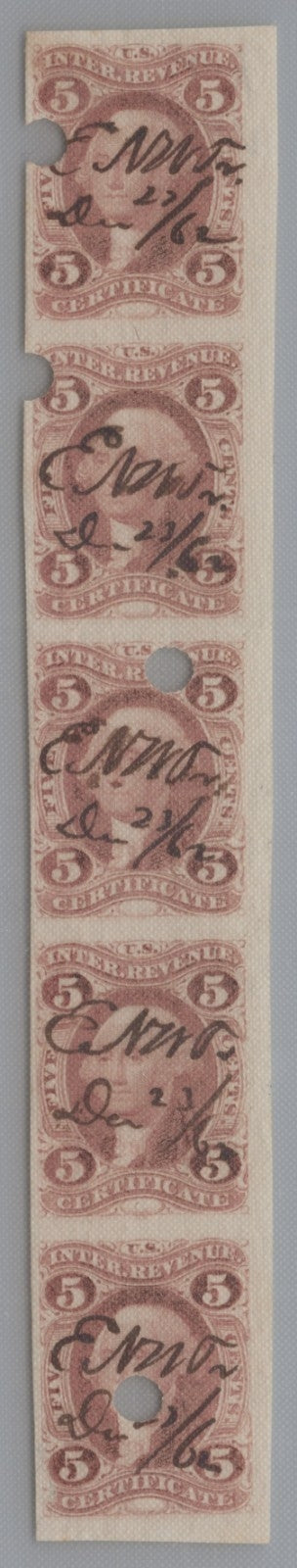 U.S. R24a Certificate Red Imperforated Punch Cancel 5-Cent Used 1862-1871 ZAYIX