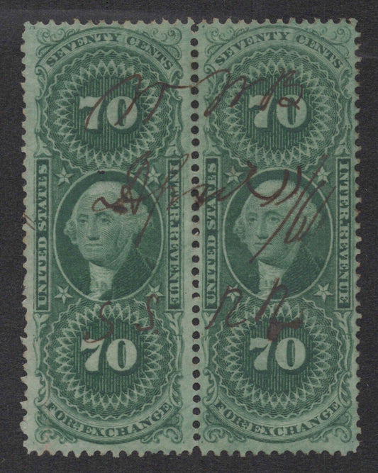 U.S. R65c Foreign Exchange Green Perforated Pair 70-Cent Used 1862-1871 ZAYIX