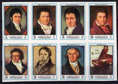 Ajman Mi 1336-1343 B MNH imperf. Block Beethoven Music Zayix Stamps ZAYIX 092523SM81M